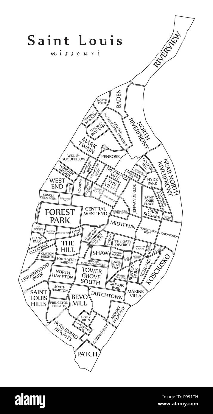 Moderne Stadtplan - Saint Louis Missouri Stadt der USA mit Nachbarschaften und Titel Übersichtskarte Stock Vektor