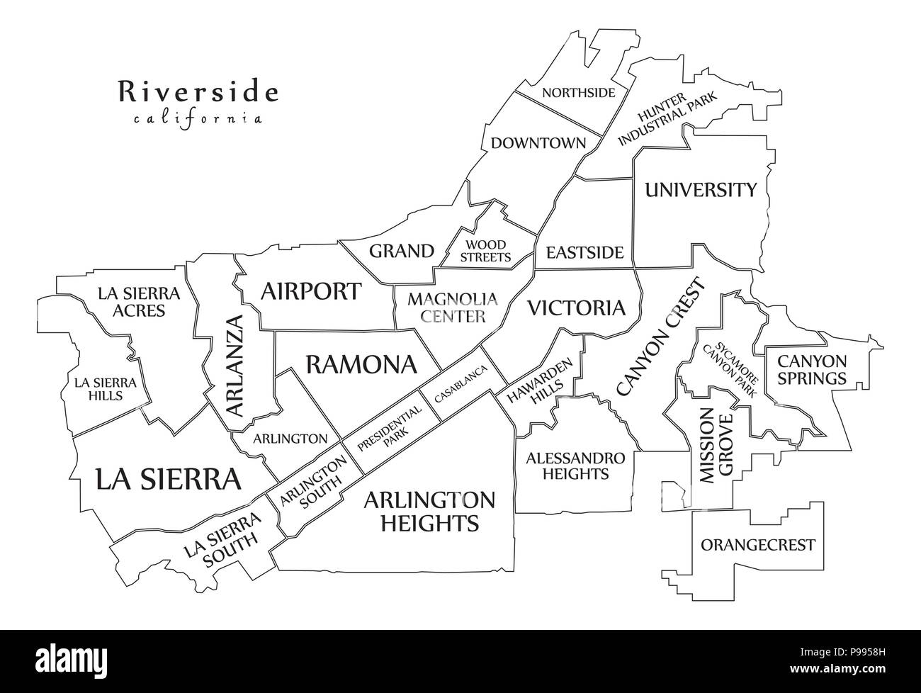Moderne Stadt Karte - Flußufer Kalifornien Stadt der USA mit Nachbarschaften und Titel Übersichtskarte Stock Vektor