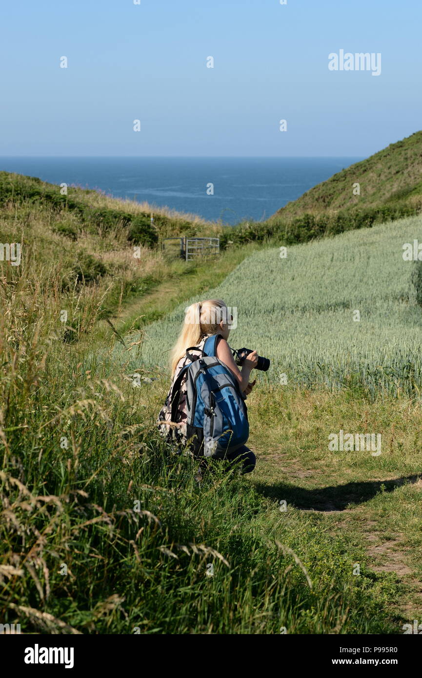 Ein naturfotograf einen genaueren Blick auf ein Feld von Weizen auf einer Fotografie workshop Stockfoto