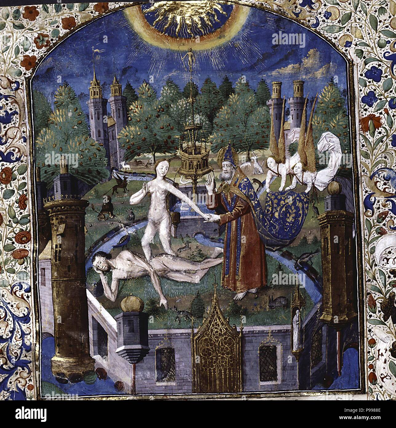 Die Schaffung von Eva aus dem Körper des schlafenden Adam (Aus 'De cleres et Adligen femmes" von Giovanni Boccaccio). Museum: NEW YORK PUBLIC LIBRARY. Stockfoto