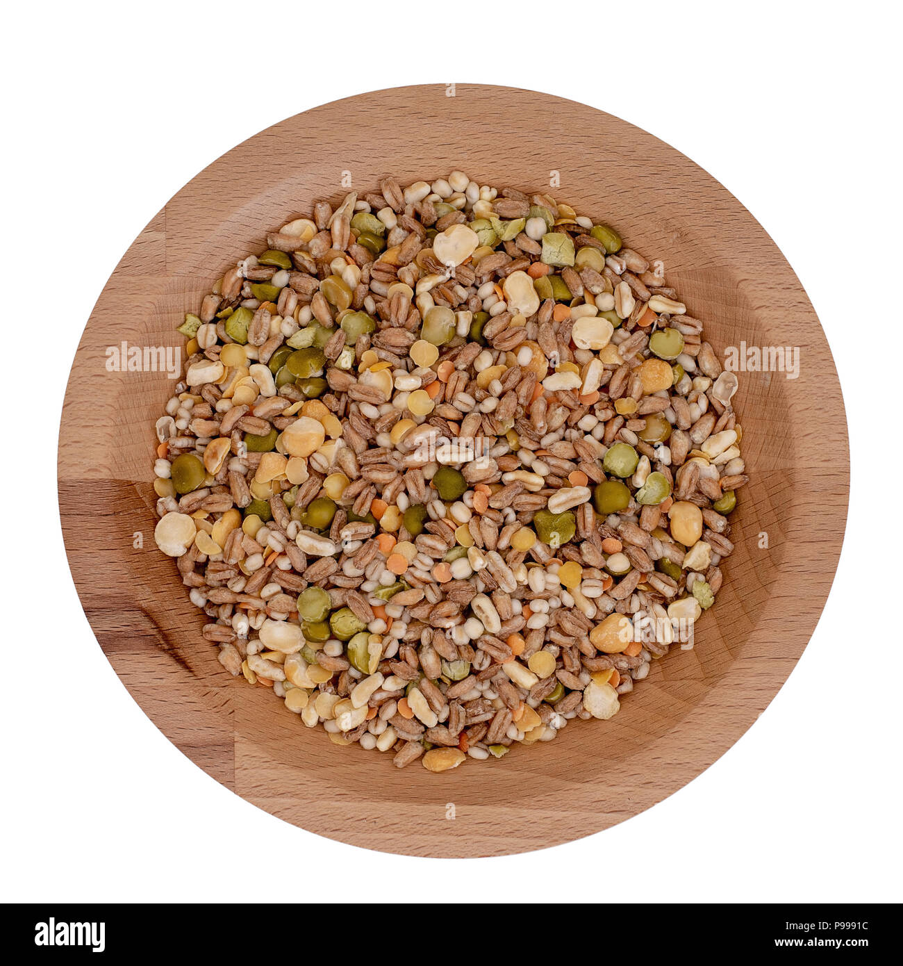 Sortierte Getreide und Hülsenfrüchte mix voller Hintergrund, Ansicht von oben. Winter Essen mit Erbsen, rote und gelbe Linsen, Graupen, Kamut, Dinkel. Stockfoto