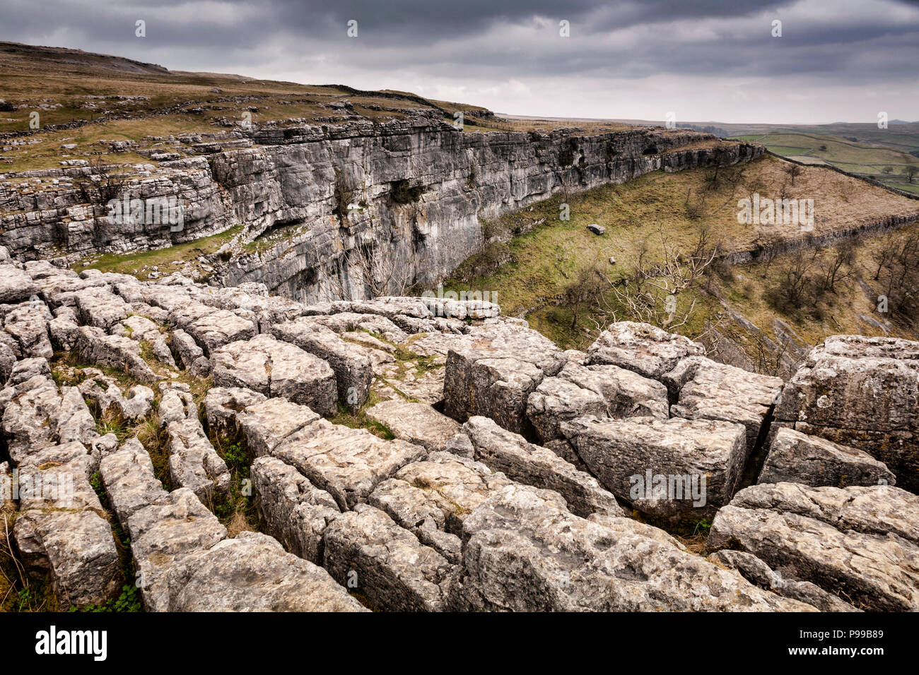 Kalkstein Karst bei Malham Cove, Yorkshire Dales, North Yorkshire, England, von einem Wasserfall... Stockfoto