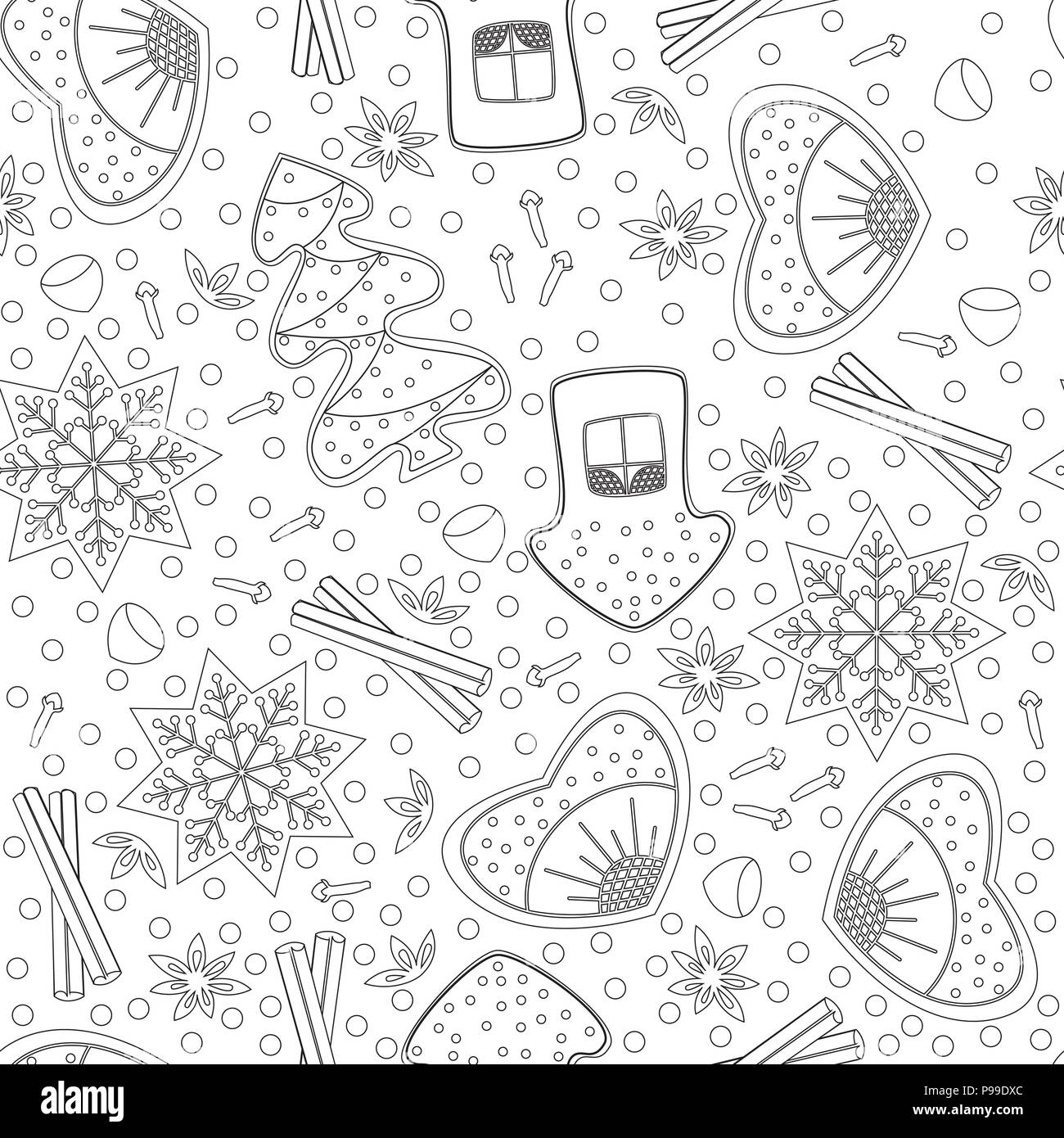 Lebkuchen. Nahtlose Muster. Malbuch für Kinder und Erwachsene. Neues Jahr, Weihnachten Design. Für die Küche, Café, Shop. Herz, Haus, Baum, Sno Stock Vektor