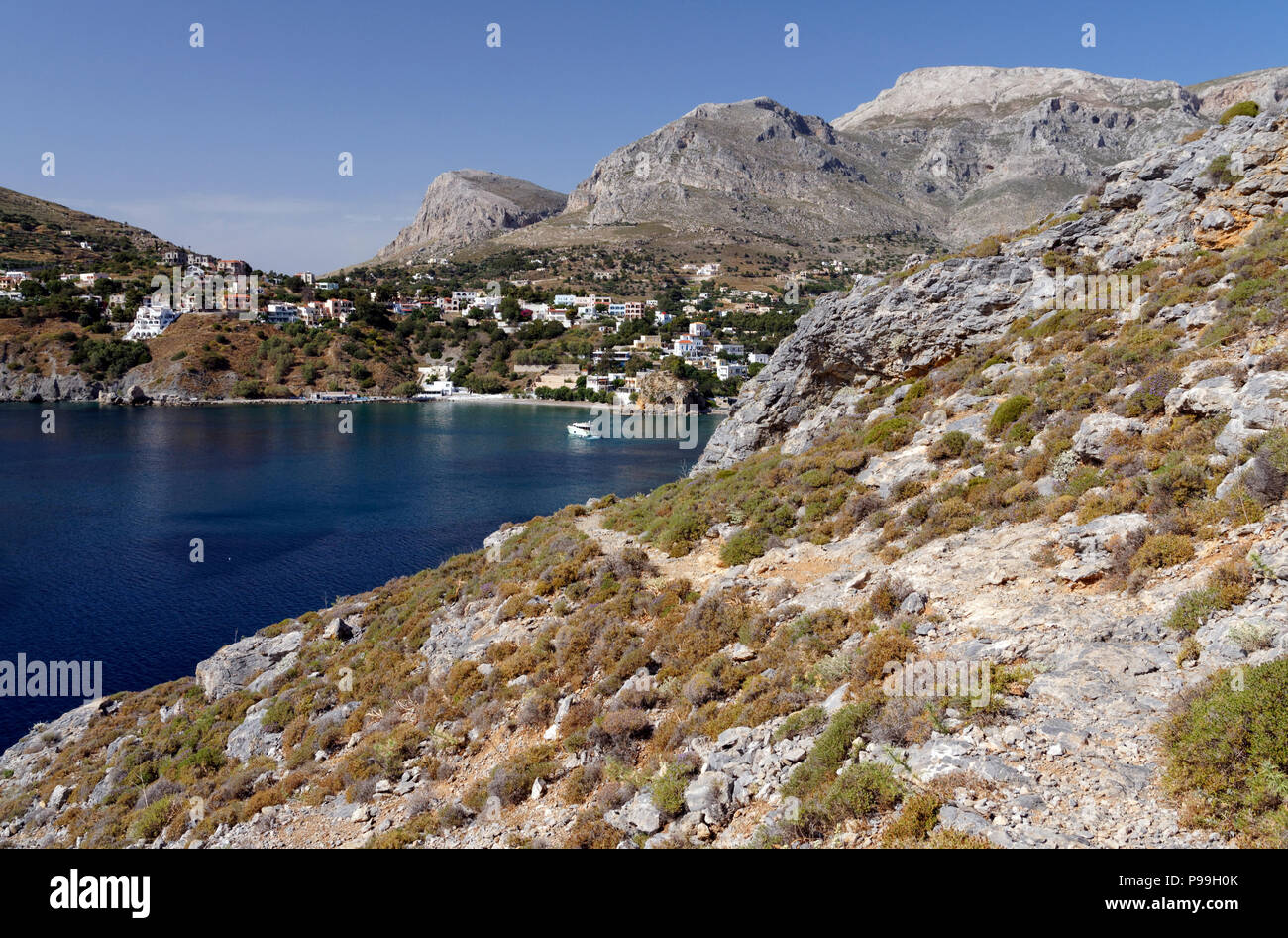 Die dramatische Berglandschaft von kalimnos oder Kalymnos, Linaria Bay, oder Kalimnos Panormas, Kalymnos, Dodekanes, Griechenland. Stockfoto