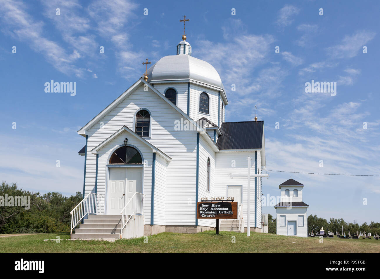 100 Jahre alte Ukrainische Katholische Pfarrei, 1918 Kirche in neuen Kiew, Alberta, in der Nähe von zwei Hügeln, Alberta und Vegreville, Alberta im Land von Kanada Stockfoto