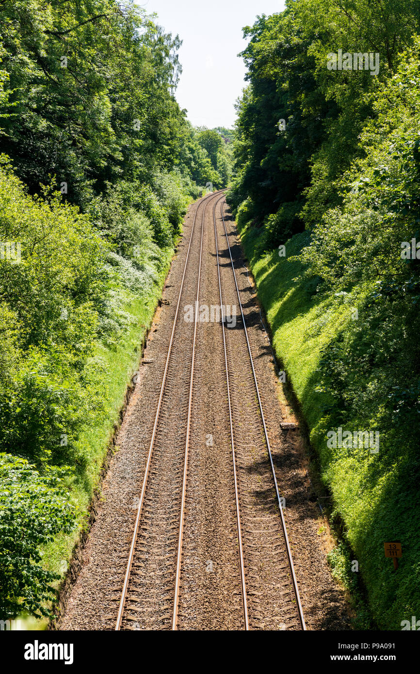 Gerade Eisenbahnlinie durch ein Schneiden, mit viel Grün auf beiden Seiten. Stockfoto