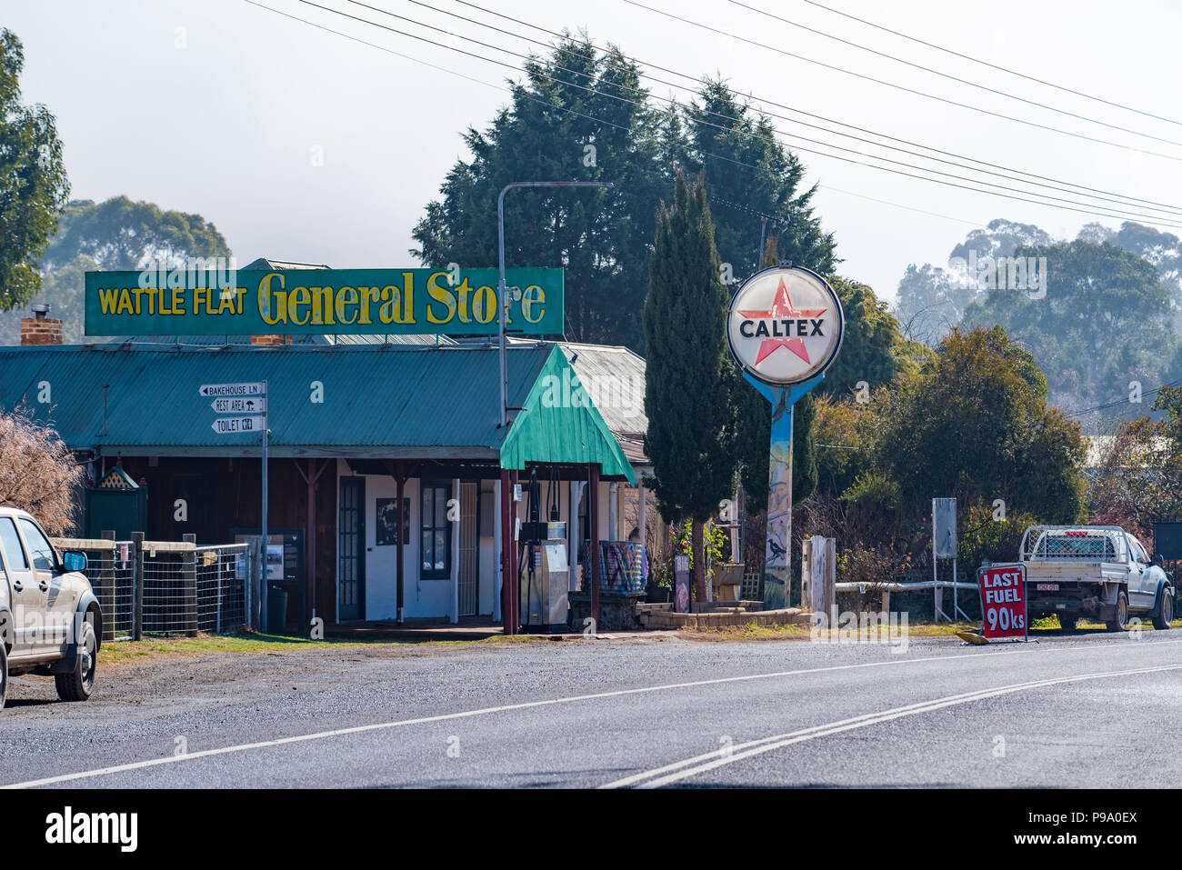 Der General Store und Benzin (Gas) Station bei wattle Wohnung im Land New South Wales in der Nähe von Sofala und Bathurst. Stockfoto