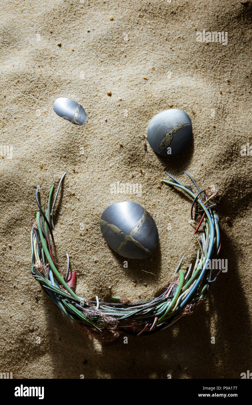 Kabel Nest und Metall Eier im Sand. Stockfoto