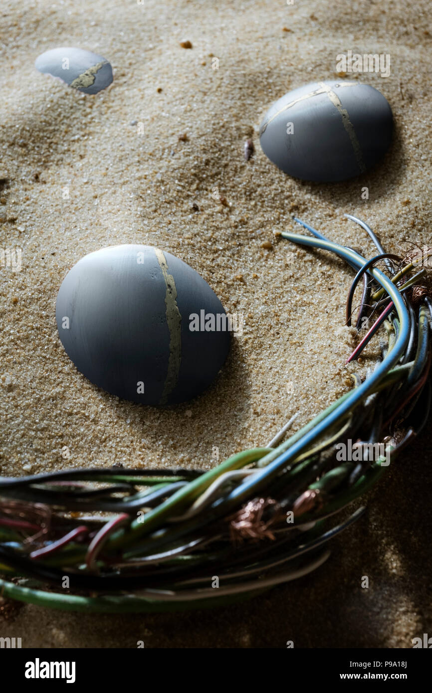 Kabel Nest und Metall Eier im Sand. Stockfoto
