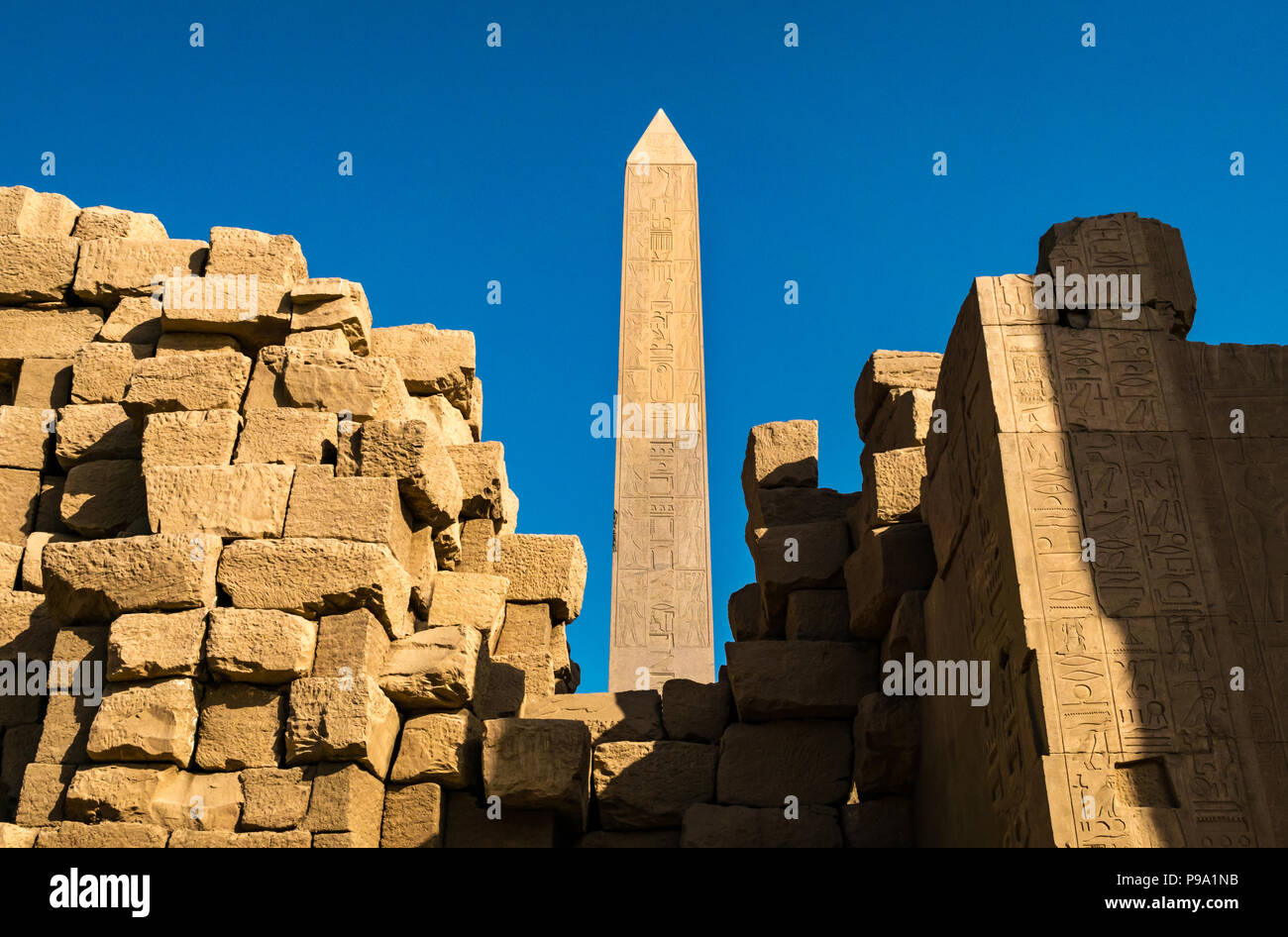 Ägyptische Hieroglyphen auf Der grosse Obelisk, Karnak Tempel. Luxor, Ägypten, Afrika Stockfoto