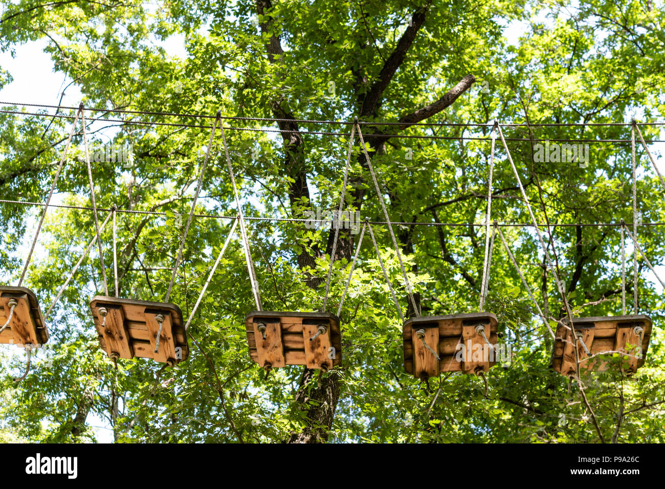 Holzklötze Pfad in Abenteuer Spielplatz, Low Angle View zwischen Bäumen Stockfoto