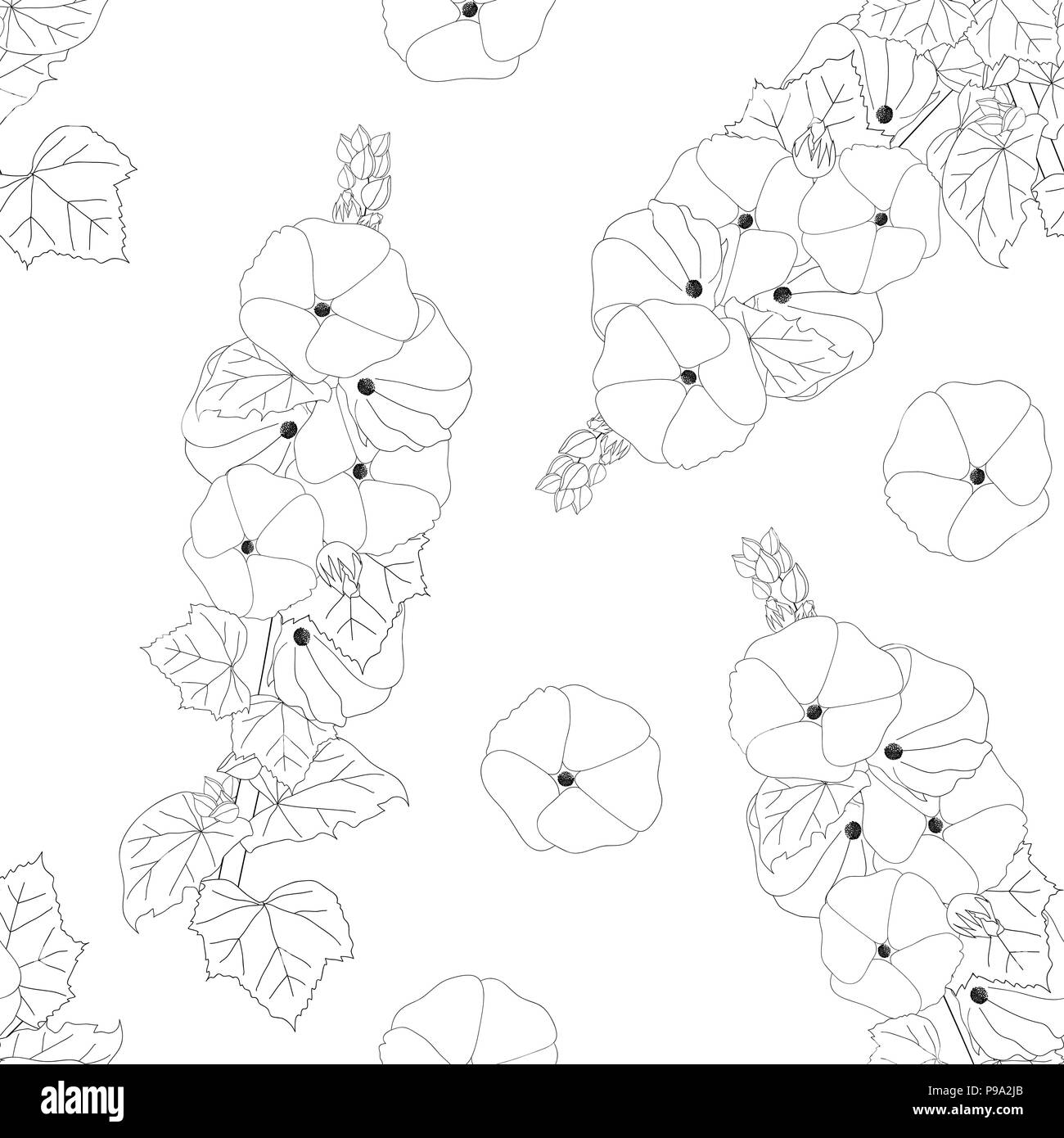 Alcea Rosea - Stockrosen, Aoi auf weißem Hintergrund. Vector Illustration. Stock Vektor