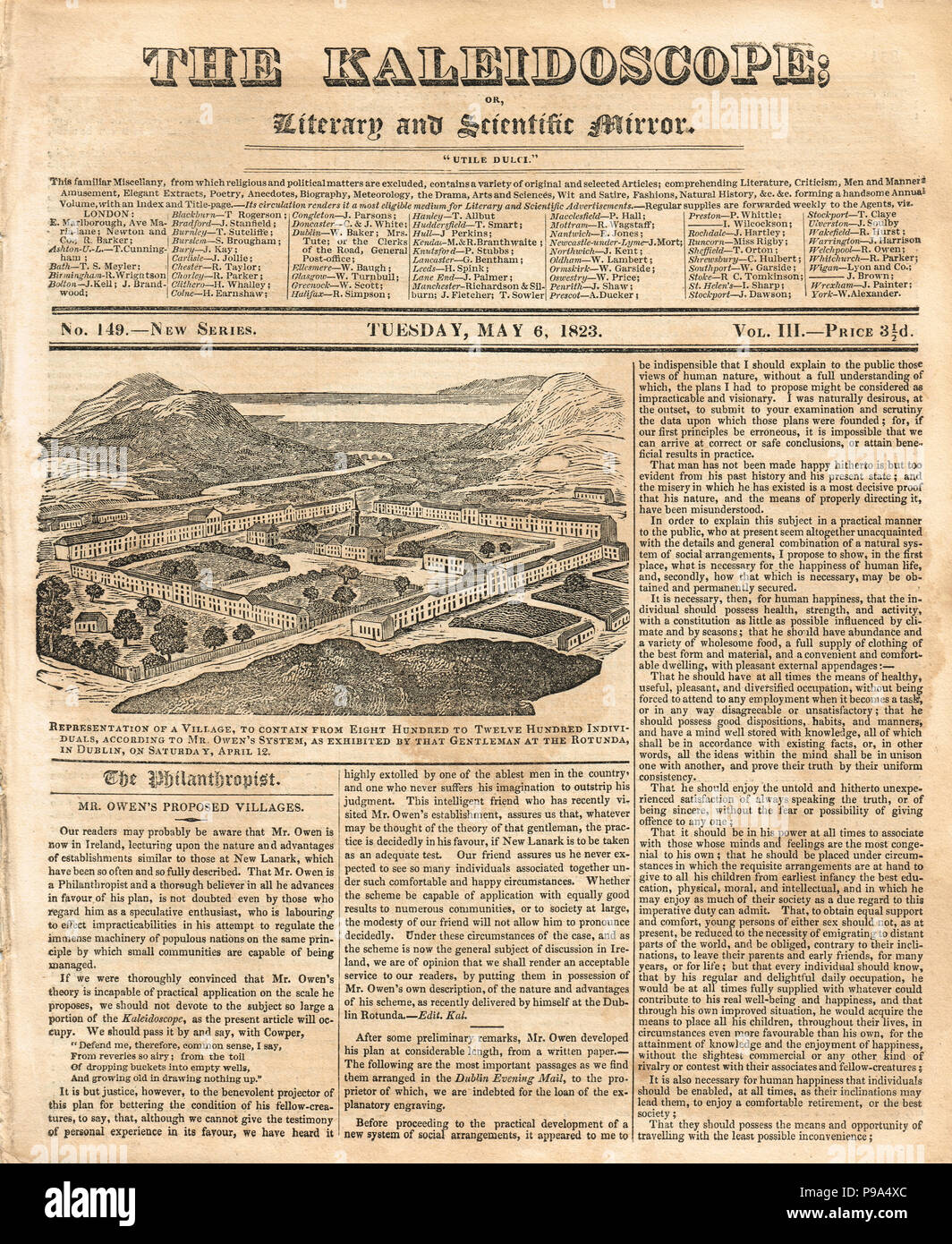 Die vordere Seite des Kaleidoskop, oder literarischen und wissenschaftlichen Spiegel, 6. Mai 1823, die Berichterstattung über Robert Owen's Besuch in Irland, wo er Pläne für ein Model Village in Irland dargelegt, an der Rotunda in Dublin am 12. April 1823. Stockfoto