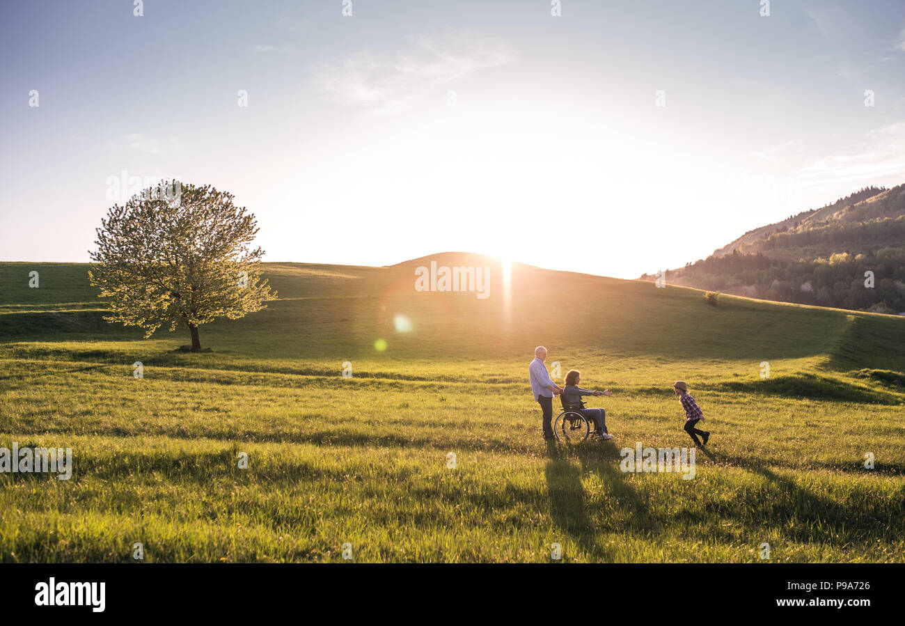Ein kleines Mädchen mit ihrem älteren Großeltern mit Rollstuhl Spaß in der freien Natur. Stockfoto