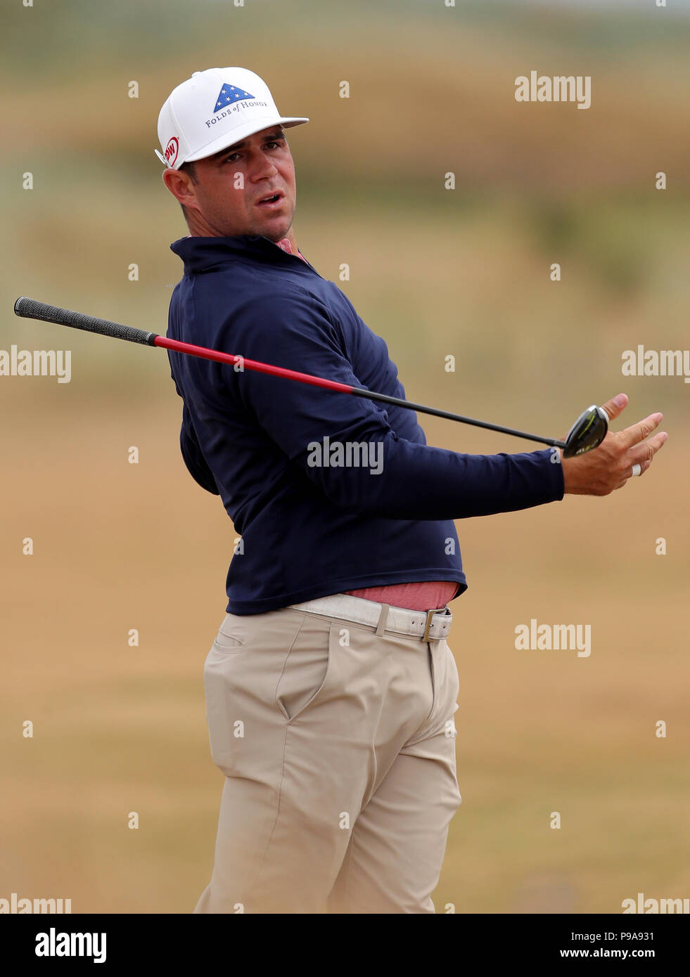 Gary Woodland während des Vorbesichtigung-Tages zwei der Open Championship 2018 in Carnoustie Golf Links, Angus. DRÜCKEN SIE VERBANDSFOTO. Bilddatum: Montag, 16. Juli 2018. Siehe PA Geschichte GOLF Open. Das Foto sollte lauten: Richard Sellers/PA Wire. Stockfoto