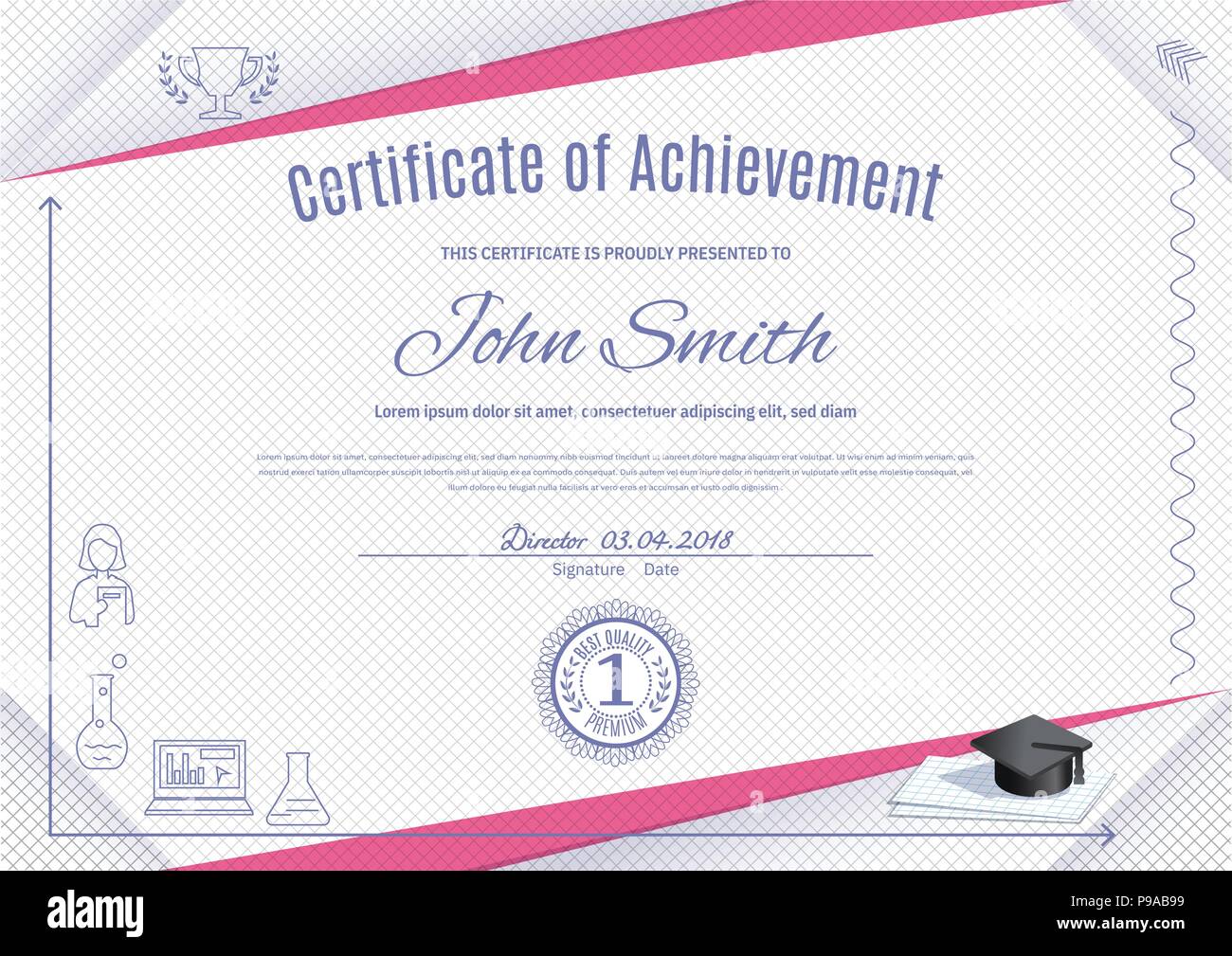 Offizielle white Zertifikat mit rosa Dreiecke und dünnen Bildung graduatioin Symbole, cap, Tasse. Sauberes, modernes Design. Afstract Hintergrund. Blätter in einem Käfig Stock Vektor