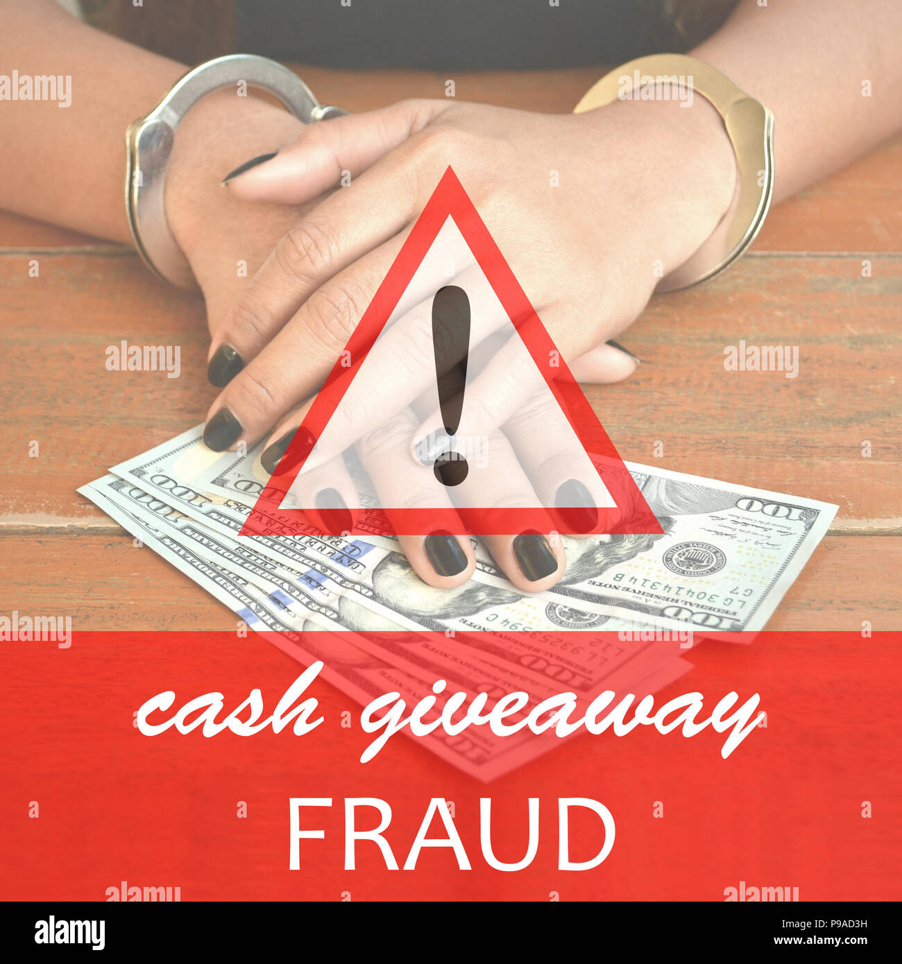 Bereit Warnung Design Von Cash Giveaway Betrug Mit Gefesselten Frau Und Geld Im Hintergrund Stockfotografie Alamy