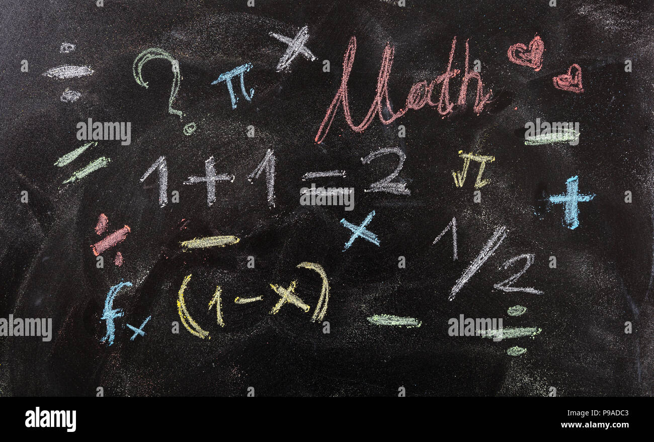 Ich liebe Mathe Konzept. Mathematische Gleichungen und Symbole isoliert, auf blackboard Hintergrund. Stockfoto