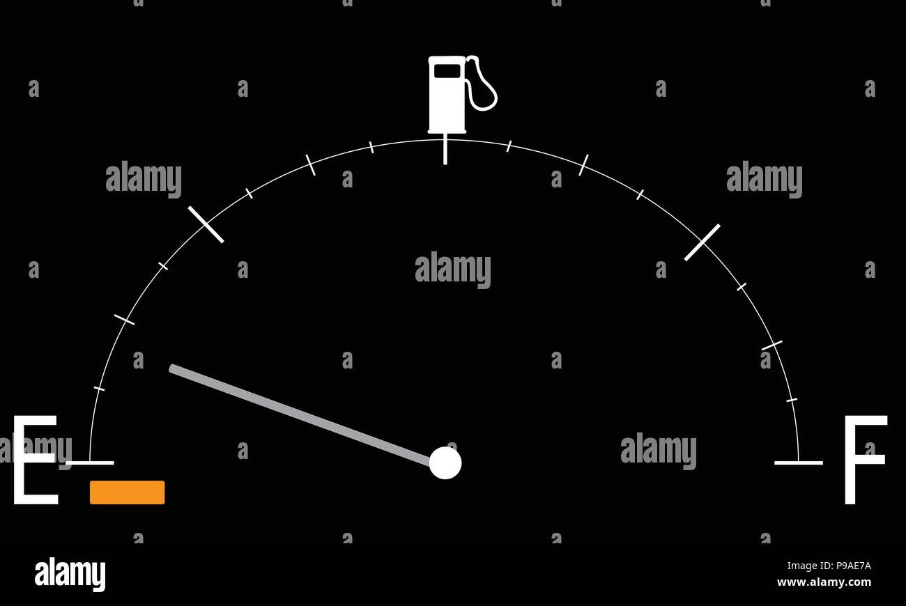 Illustrierte Automobil gas Manometer Anzeige niedriger Tank mit Orange auf Schwarz. Stock Vektor