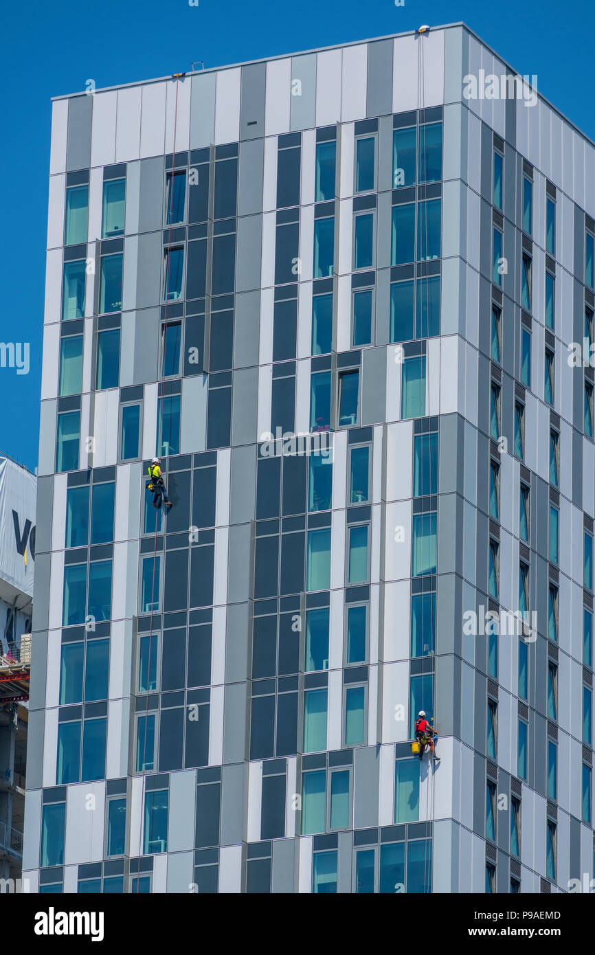 Fensterreiniger auf einer der X1 MediaCity apartments Bausteine. Salford Quays, Manchester, UK. Stockfoto