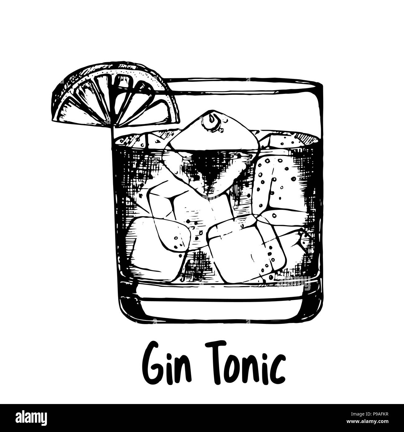 Handskizze style Gin und Tonic Cocktail auf weißem Hintergrund dargestellt. Vector Illustration. Stock Vektor