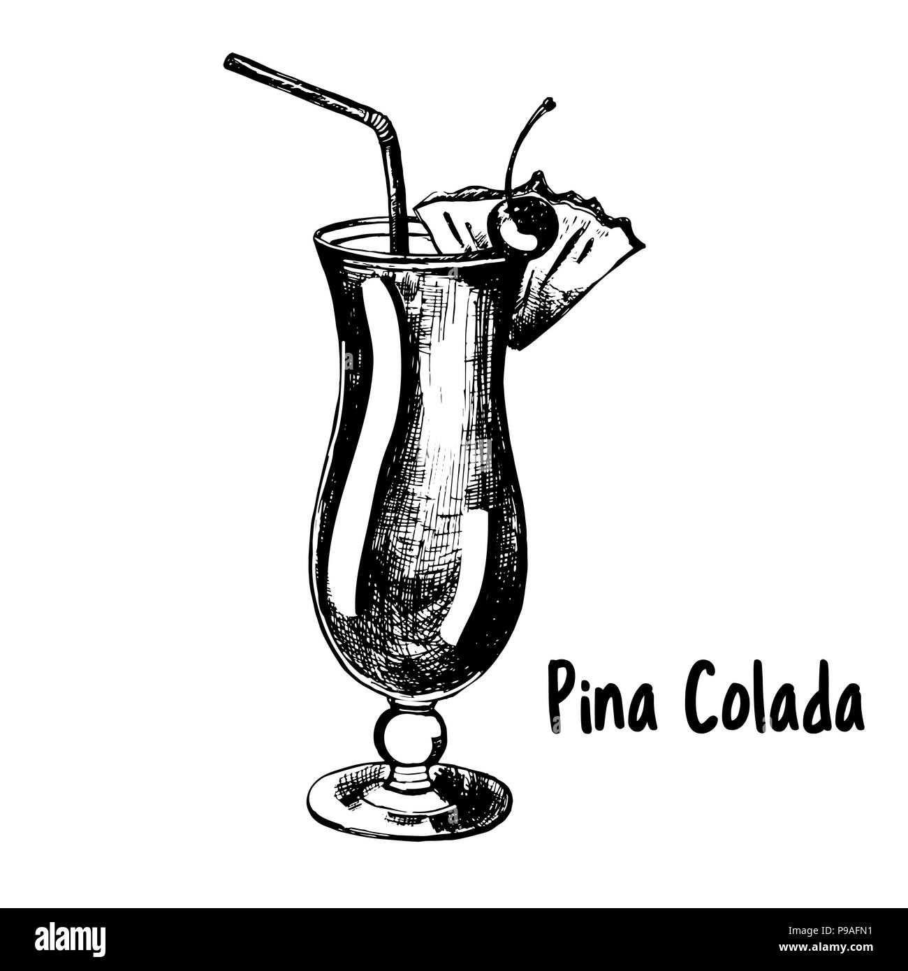 Handskizze stil Pina Colada Cocktail auf weißem Hintergrund dargestellt. Vector Illustration. Stock Vektor