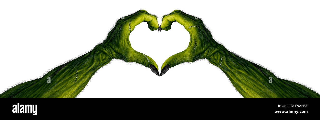 Monster Hände in der Form eines Herzens als Zombie Finger mit leeren Bereich als eine gruselige Halloween oder erschreckende Symbol mit strukturierter grüne Haut. Stockfoto