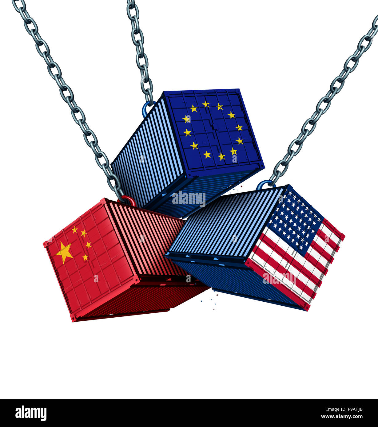 Chinesische Europäische und Amerikanische tarif Krieg als China Europa USA Handel problem wie Cargo Container in Konflikt als eine wirtschaftliche Frage. Stockfoto