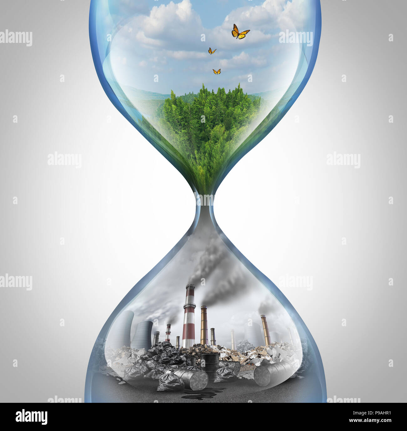 Rate von Umweltschäden und Klimawandel dringend Konzept als grüner Lebensraum versinken in eine Verschmutzung und giftigen Umwelt. Stockfoto