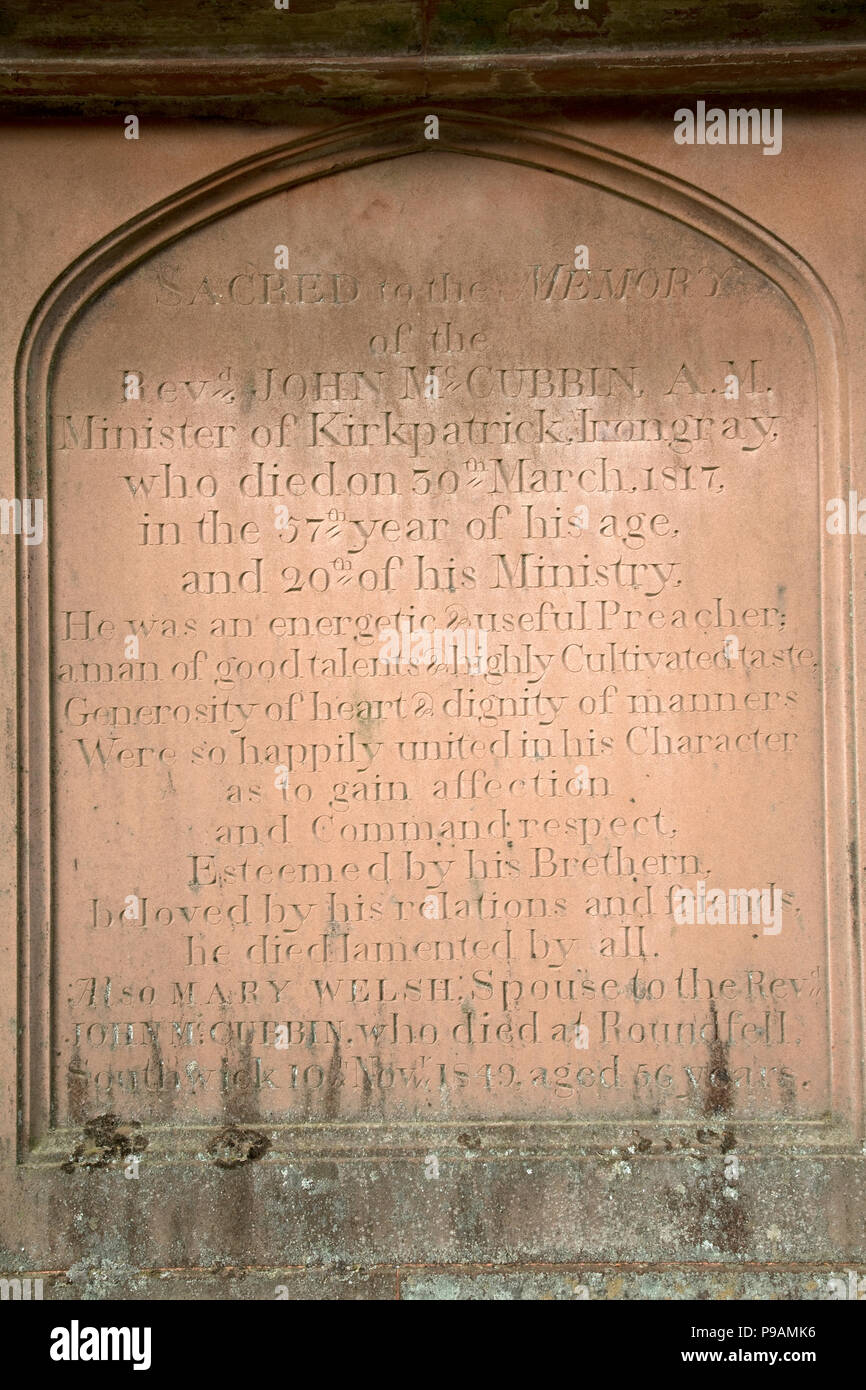 Inschrift auf grabstein Kirkpatrick Kirche Irongray Kirkcudbright Castle Douglas Dumfries und Galloway Schottland Stockfoto