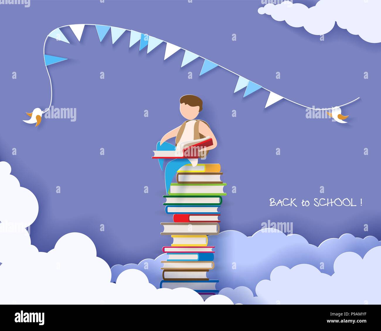 Zurück zu Schule 1. september Karte mit Jungen lesen Buch und sitzen auf Stapel von Büchern. Vector Illustration. Papier geschnitten und Handwerk Stil. Stock Vektor