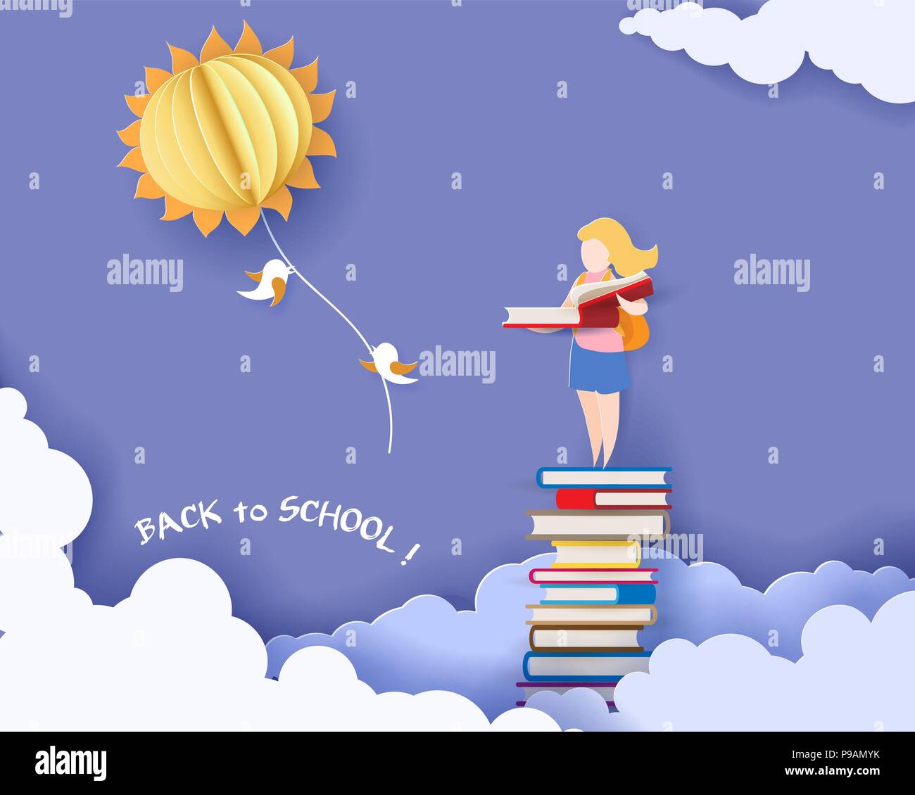 Zurück zu Schule 1. september Karte mit Mädchen, die Bücher und die Sonne am blauen Himmel Hintergrund. Vector Illustration. Papier geschnitten und Handwerk Stil. Stock Vektor