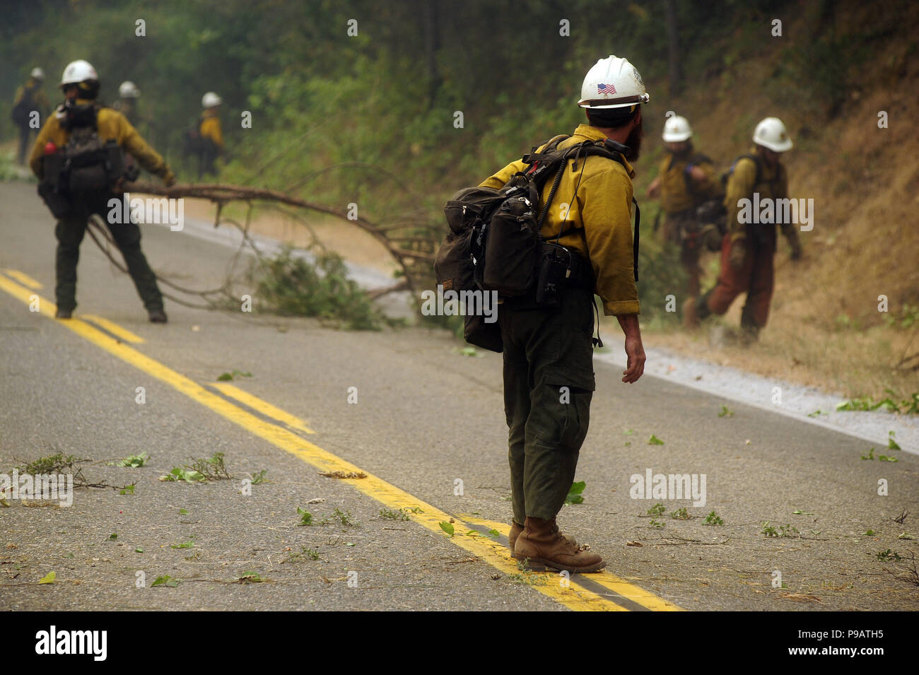 Mariposa, California, USA. 16. Juli 2018. US Forest Service hotshot Crews cut Vegetation von den unteren Hängen des Highway 140 das Feuer entlang der Straße zu erhöhen. Die Ferguson Brand in Merced County nur außerhalb der Grenzen von Yosemite Nationalpark verbrannt hatte 9,266 Morgen ab 7:30 Uhr. Credit: Neal Gewässer/ZUMA Draht/Alamy leben Nachrichten Stockfoto