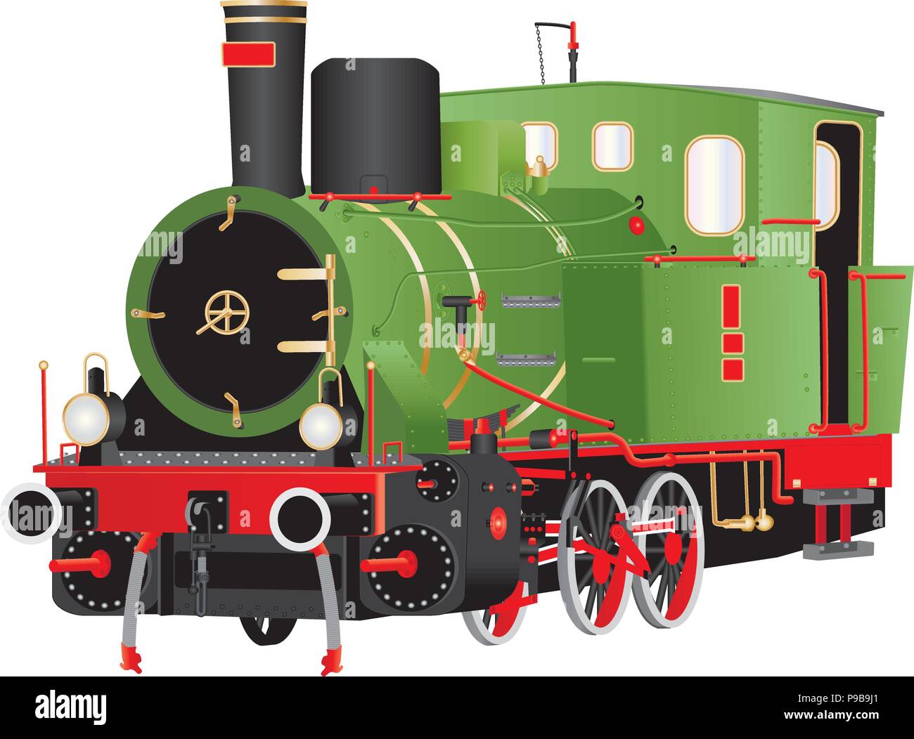 Eine detaillierte Vector Illustration eines Vintage Grün Rot und Schwarz sechs Rädern Boiler Lokomotive mit Messingbeschlägen isoliert auf weißem Stock Vektor