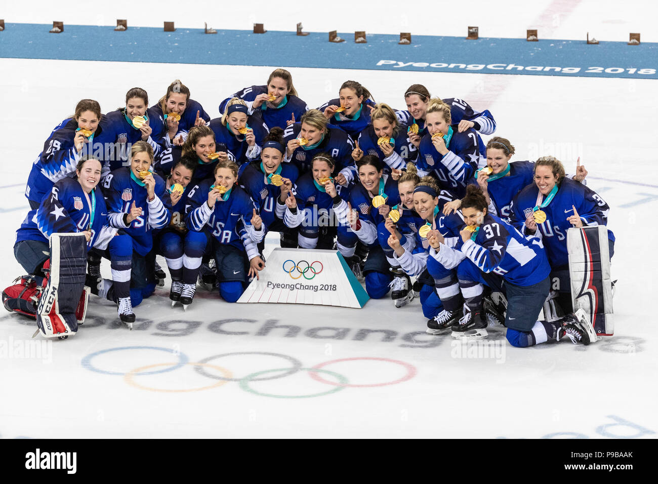 Team USA gewinnt die Goldmedaille in der Frauen Eishockey finale Kanada bei den Olympischen Winterspielen PyeongChang 2018 vs. Stockfoto