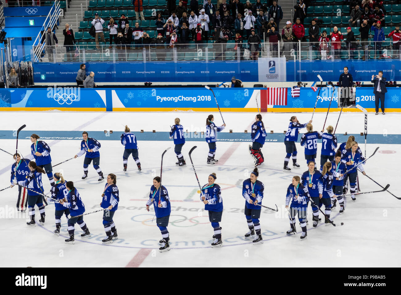 Team USA gewinnt die Goldmedaille in der Frauen Eishockey finale Kanada bei den Olympischen Winterspielen PyeongChang 2018 vs. Stockfoto