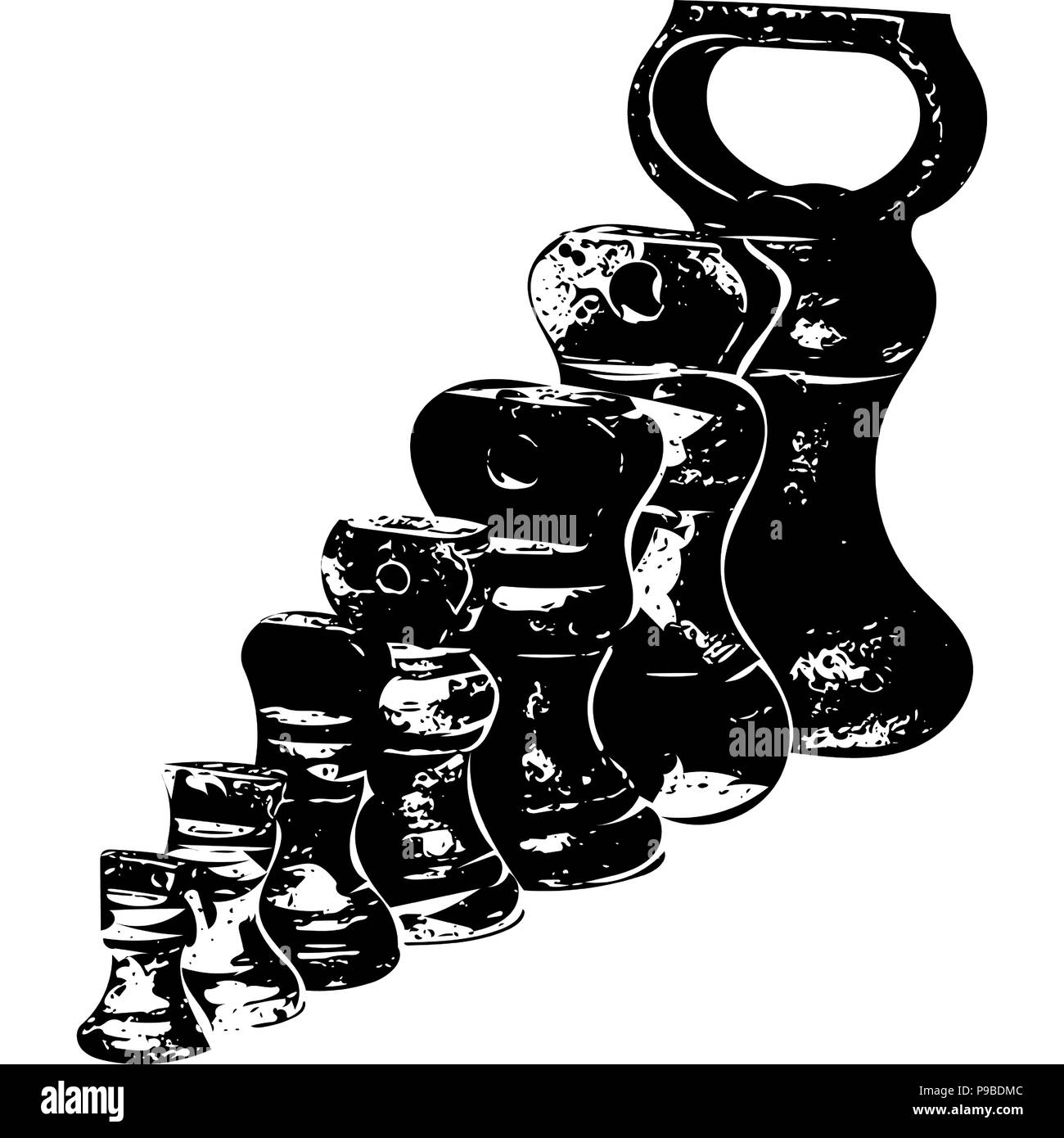 Schwarze und weiße Vektor Grafik der Linie der Küche Gewichte in der Höhe um. Stock Vektor