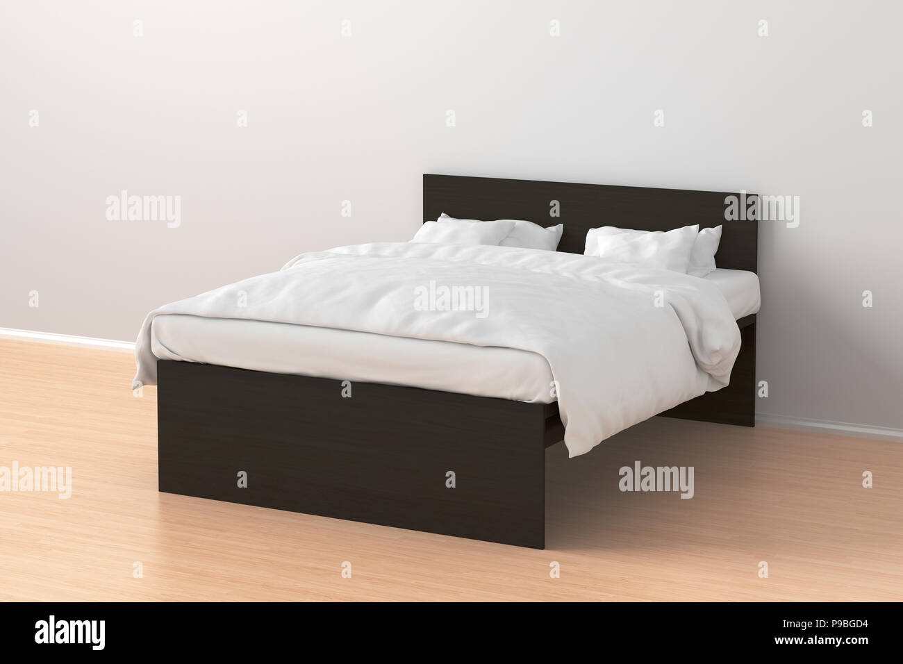 Dunkelbraun Doppelbett mit weißer Bettwäsche in einfache Einrichtung. 3D-Rendering Stockfoto