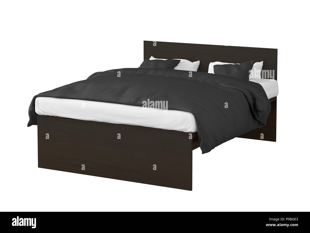Dunkelbraun Doppelbett mit Bettwäsche schwarz auf weißem Hintergrund. Beschneidungspfad gehören. 3D-Rendering Stockfoto