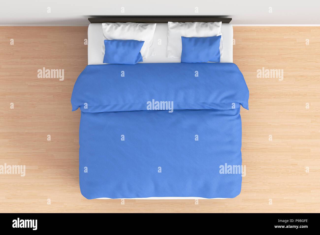 Dunkelbraun Doppelbett mit Blau Leinen in einfache Einrichtung. 3D-Rendering Stockfoto