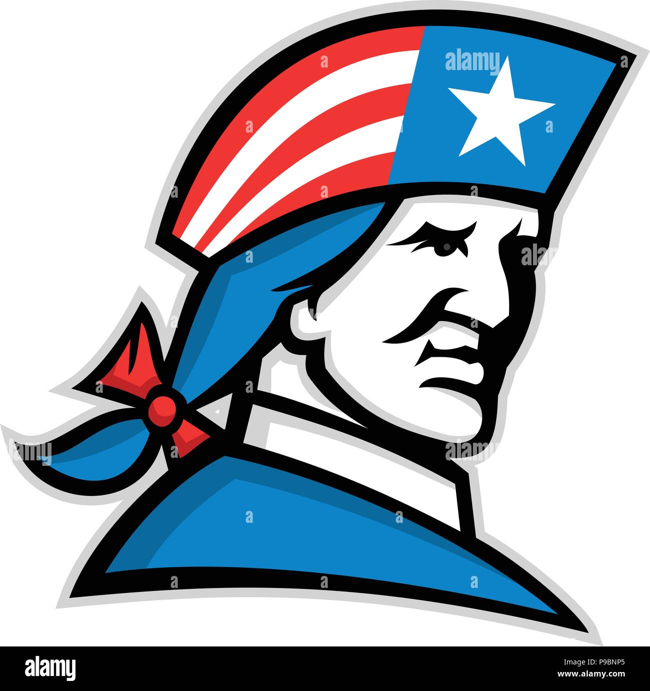 Maskottchen Symbol Abbildung: Leiter ein amerikanischer Patriot, minuteman oder Revolutionäre Soldaten mit USA-Flagge Stars and Stripes auf seinem dreispitz Hut. Stock Vektor