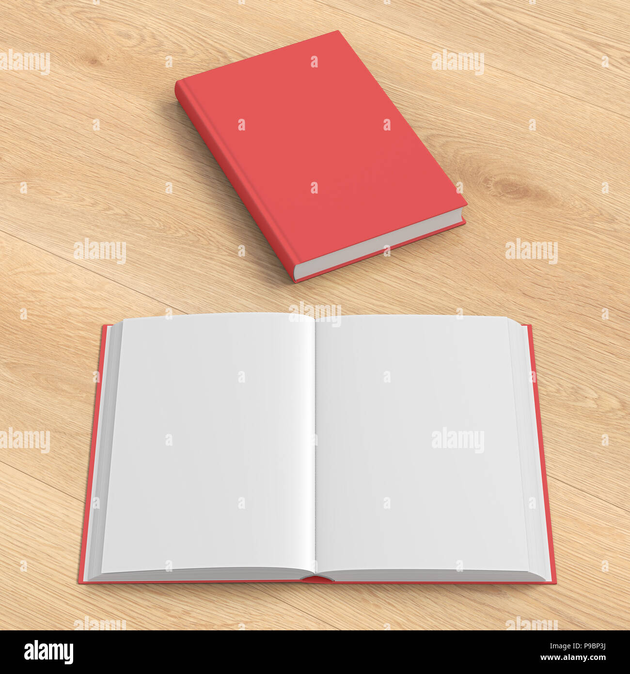 Offene und geschlossene Bücher mit roten Deckel und leere Seiten auf hölzernen Hintergrund isoliert. Beschneidungspfad gehören um jedes Buch. 3D-Rendering Stockfoto