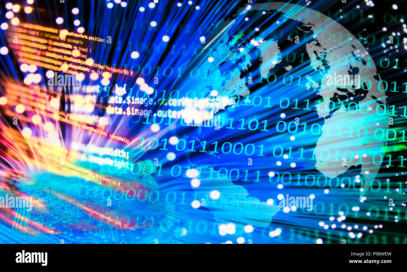 Compositing mit Globus, LWL-Programmcode und Binärzahlen Stockfoto