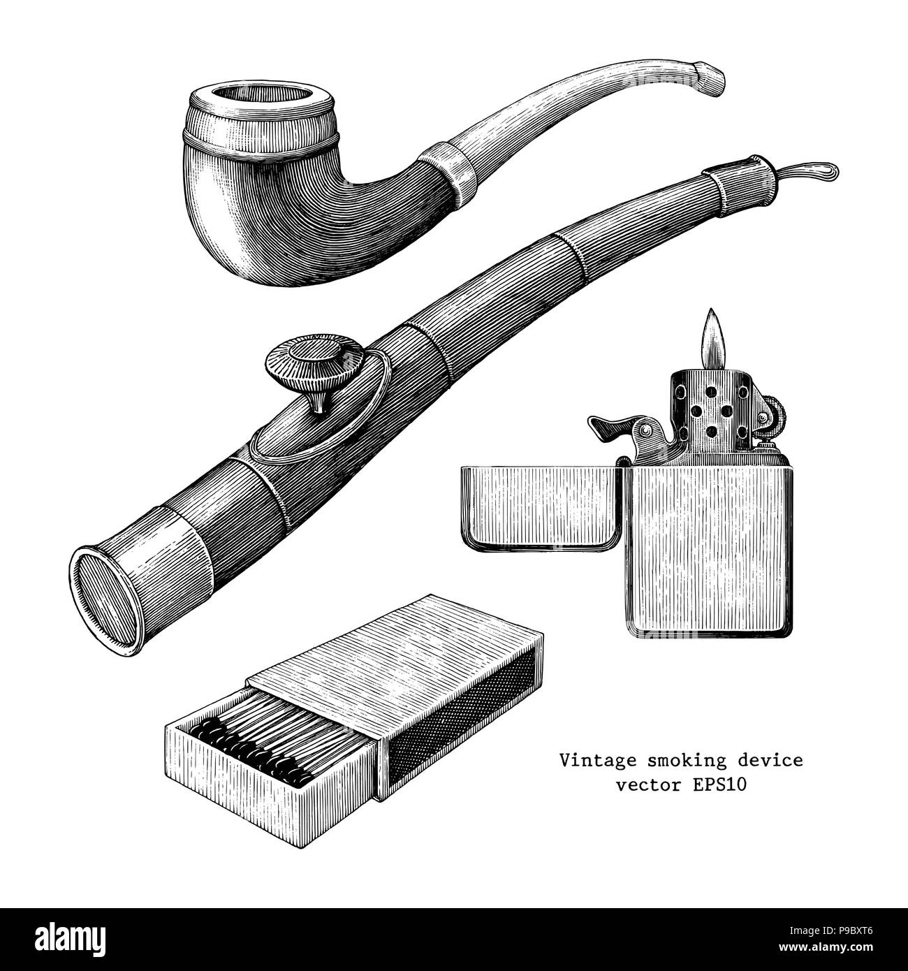 Raucher Gerät hand Zeichnung vintage Clipart auf weißem Hintergrund, Tabak, Opium Rohr, Match und leichter Skizze Stock Vektor