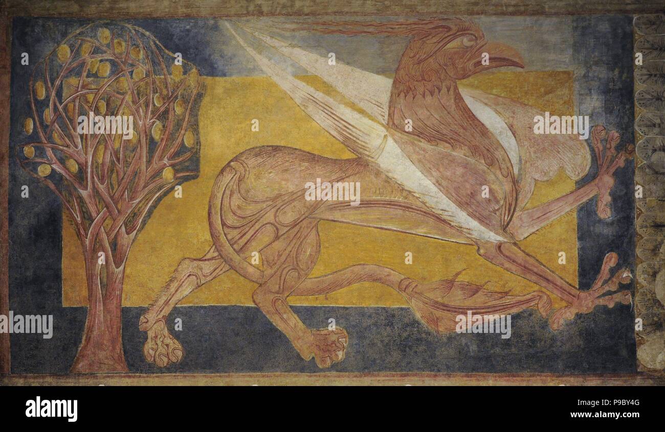 Griffin, ca.1210. Anonym, Kastilien und Leon. Von Adie Benediktiner-Abtei von San Pedro de Arlanza, Provinz Burgos. Fresko auf Leinwand übertragen. Nationalen Kunstmuseum von Katalonien. Barcelona. Katalonien. Spanien. Stockfoto