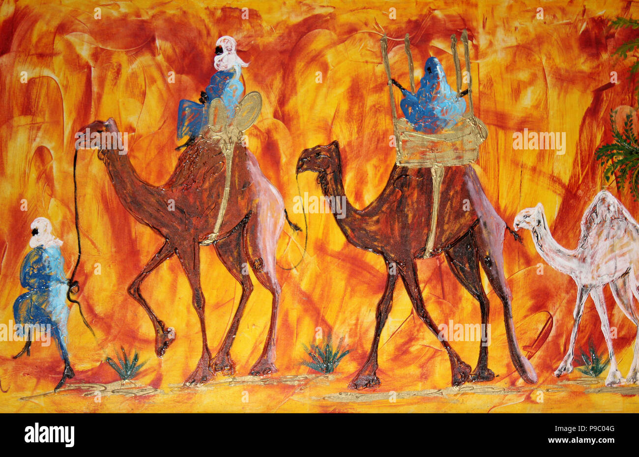 Beduinen Reisen auf Kamelen Artwork Stockfoto