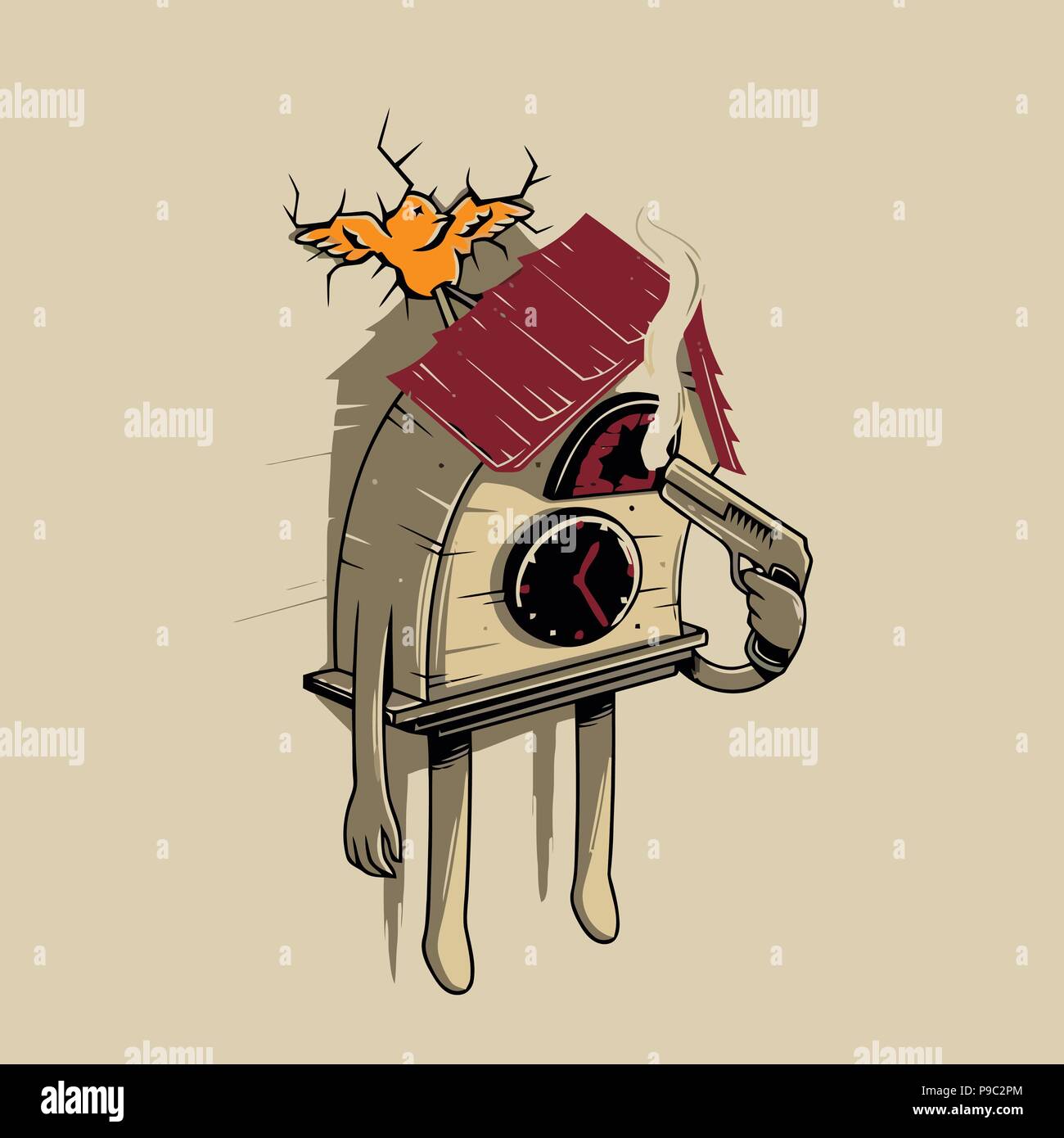 "Killing Time" Digitale Kunst Illustration (Vektor) Cucu Clock mit einer Pistole Selbstmord Stock Vektor