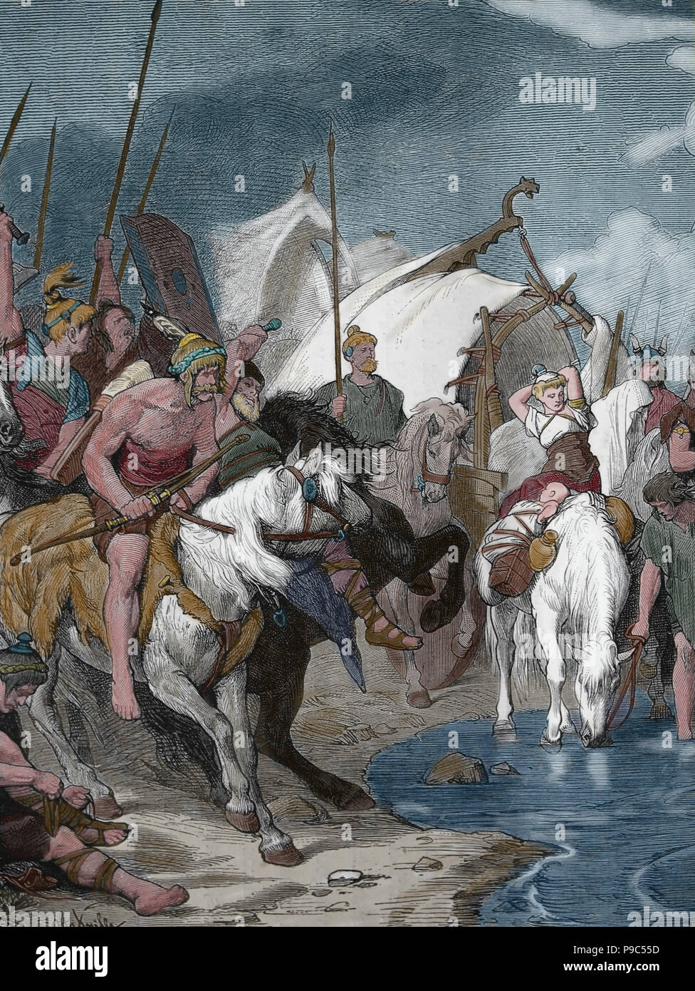 Migration (germanischen Stämmen und die Hunnen). 4.-6.Jahrhundert. Gravur, 1882. Farbe. Stockfoto