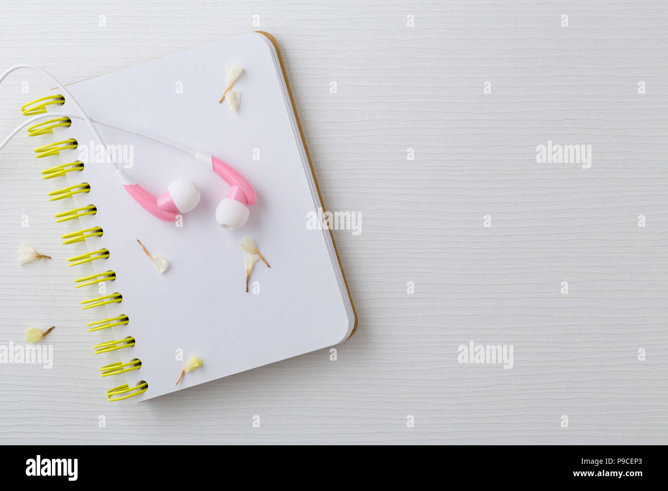 Pink Kopfhörer und Notebook mit Blumen auf weißem Hintergrund, Ansicht von oben Stockfoto