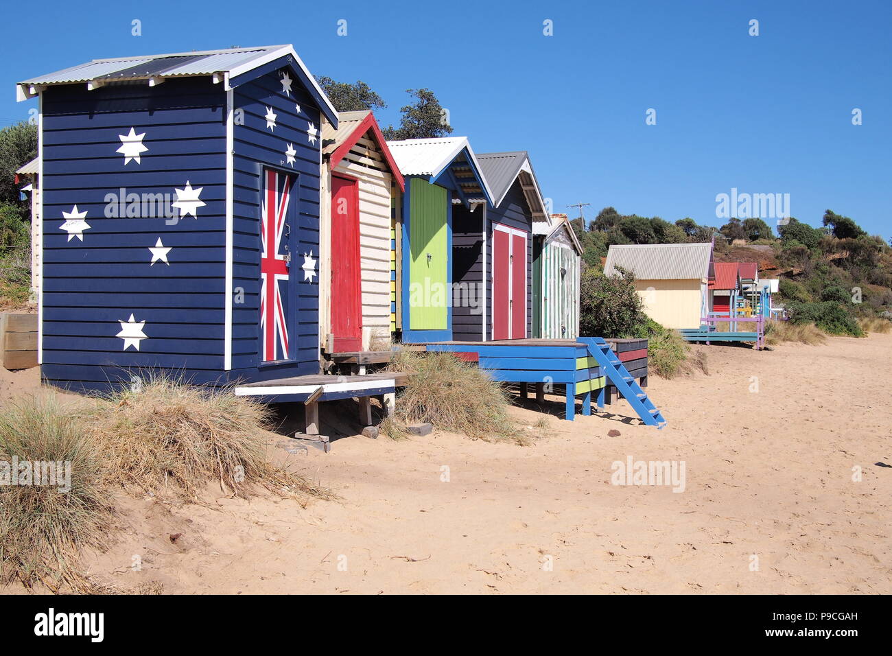 Baden, Strand Haus in der späten Nachmittagssonne, Mornington Australien 2018 Stockfoto